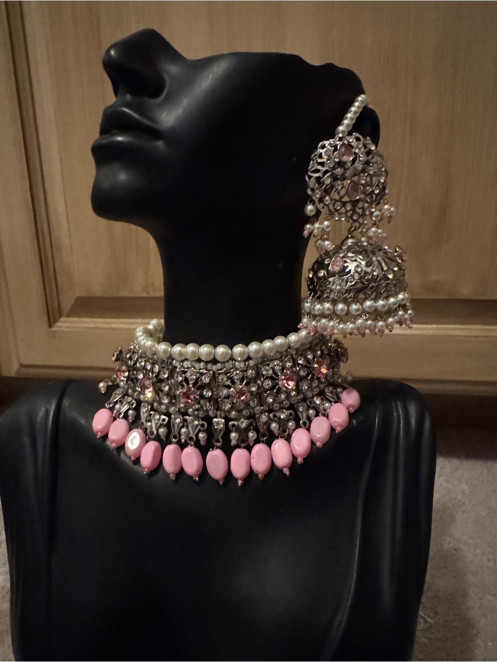 Handcrafted Pink Pearl Accent Choker Necklace with Matching Jhumka Earrings